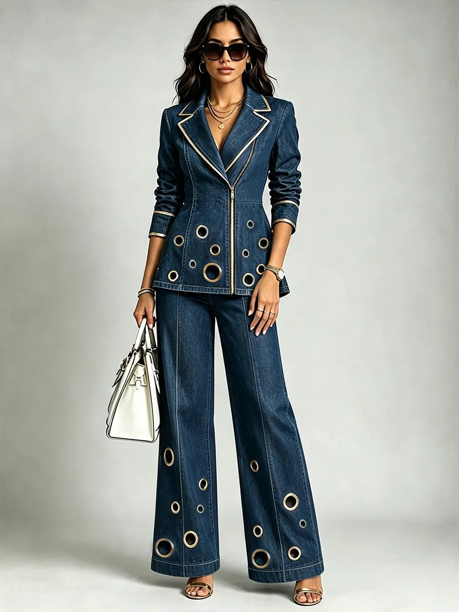 Stylish Denim Jacket With Gold Piping And Zipper