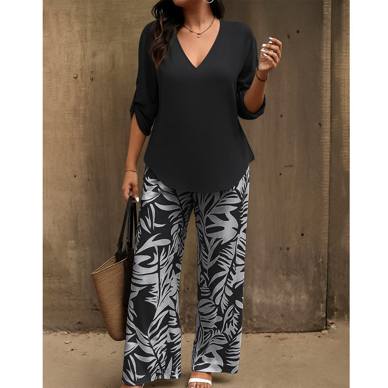 🔥LAST DAY 49% OFF - Women's V-Neck Blouse & Printed Wide-Leg Pants Set
