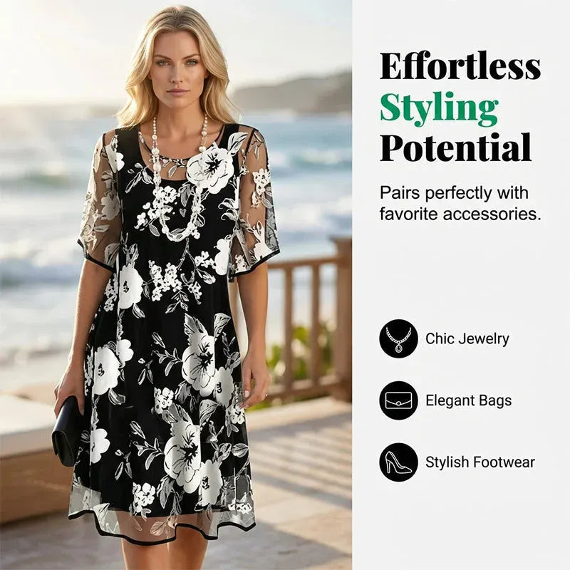 ✨ Women's A-Line Floral Dress — Double-Layer Chiffon, Elegant Print, Knee-Length Cut 👗