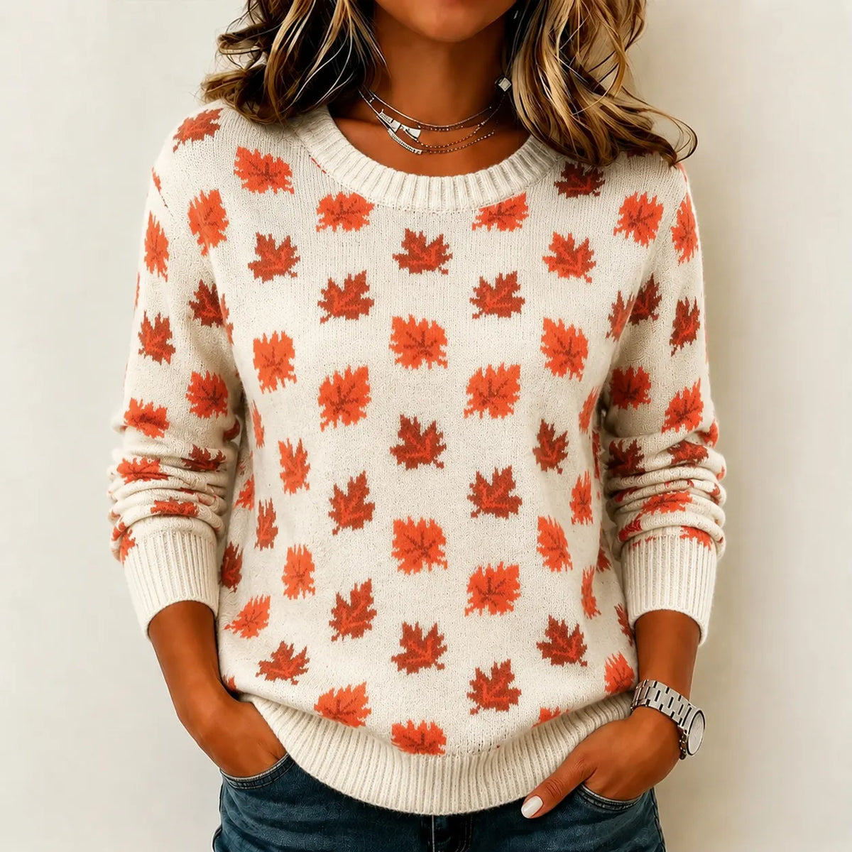 Women's Vintage Maple Leaf Pattern Cozy Knit Sweater
