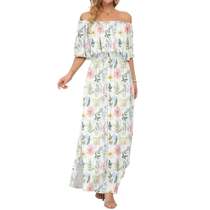 🔥Women's Off The Shoulder Dress Wedding Guest Dress Summer Casual Long Ruffle Party Side Split Beach Maxi Dresses