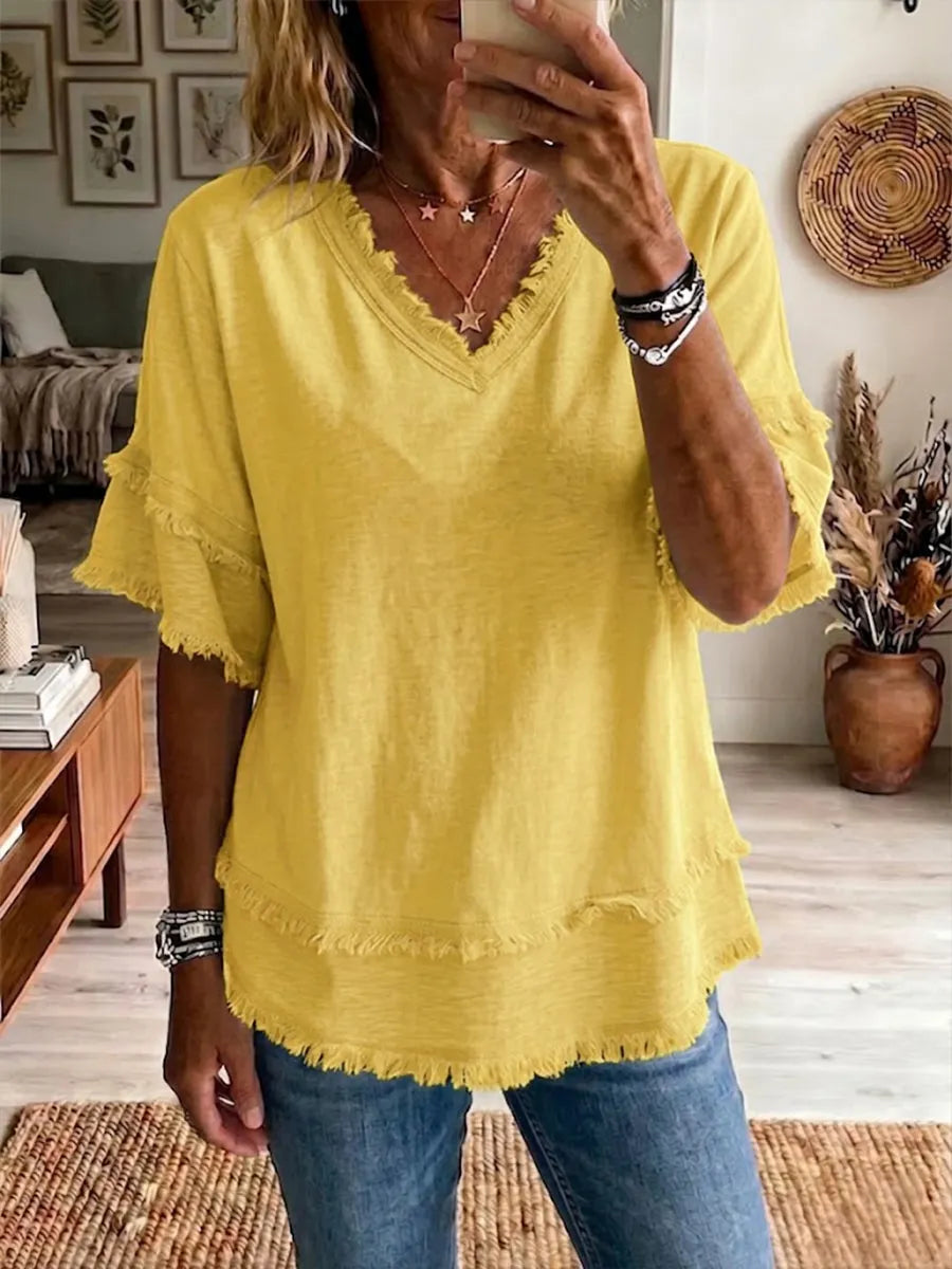 Vintage Frayed V-Neck Linen Top