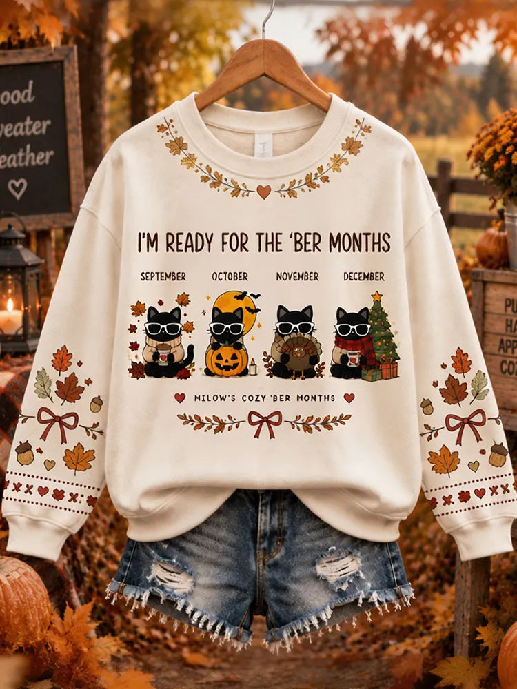 Women's Cute Retro "welcome The 'ber' Months" Cat-print Sweatshirt