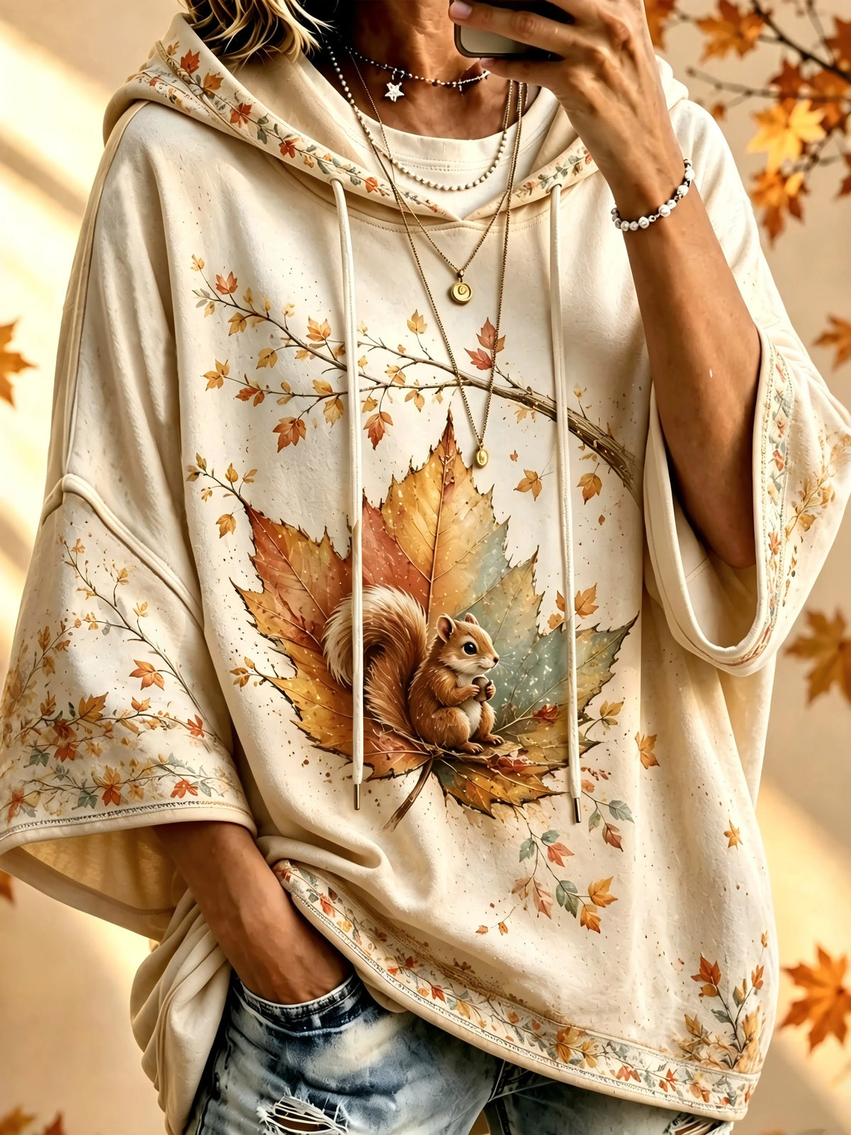 Women's Cute Squirrel Fall In Maple Leaf Print Half Sleeve Casual Hoodie