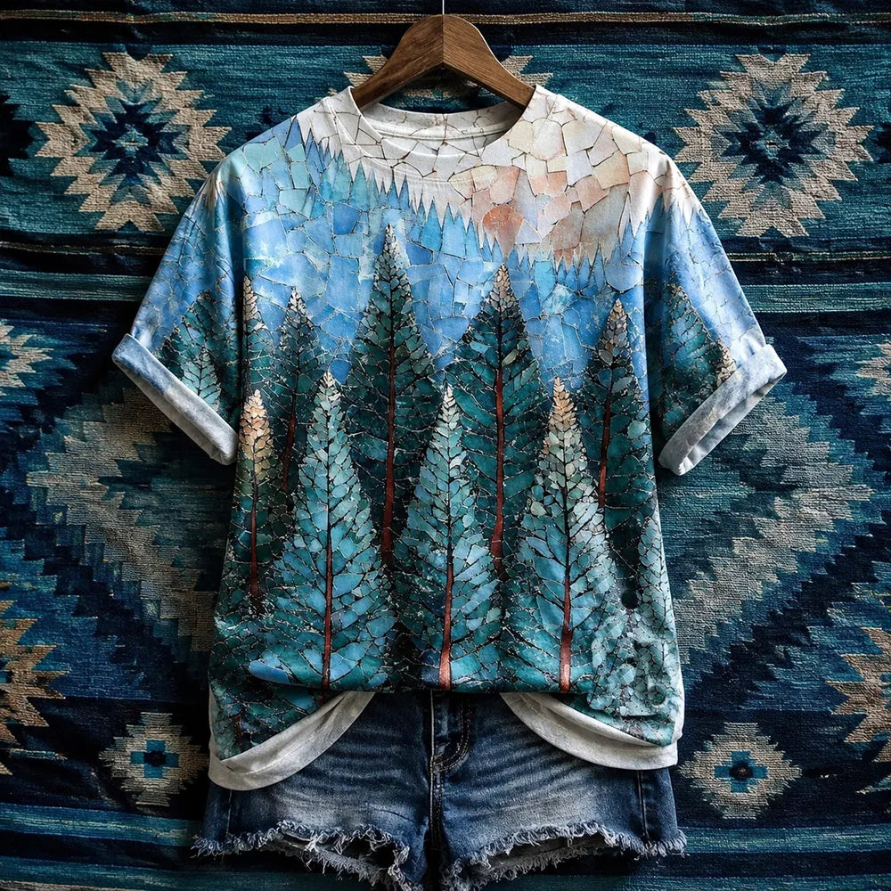 Women's Geometric Art Forest Round Neck Top