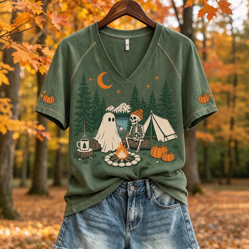 Women's Ghost Print V Neck Short Sleeve T-shirt