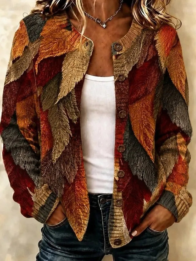 Women's Boho Retro Fall Leaf Pattern Button‐down Knit Cardigan Casual Long Sleeve Knit Jacket