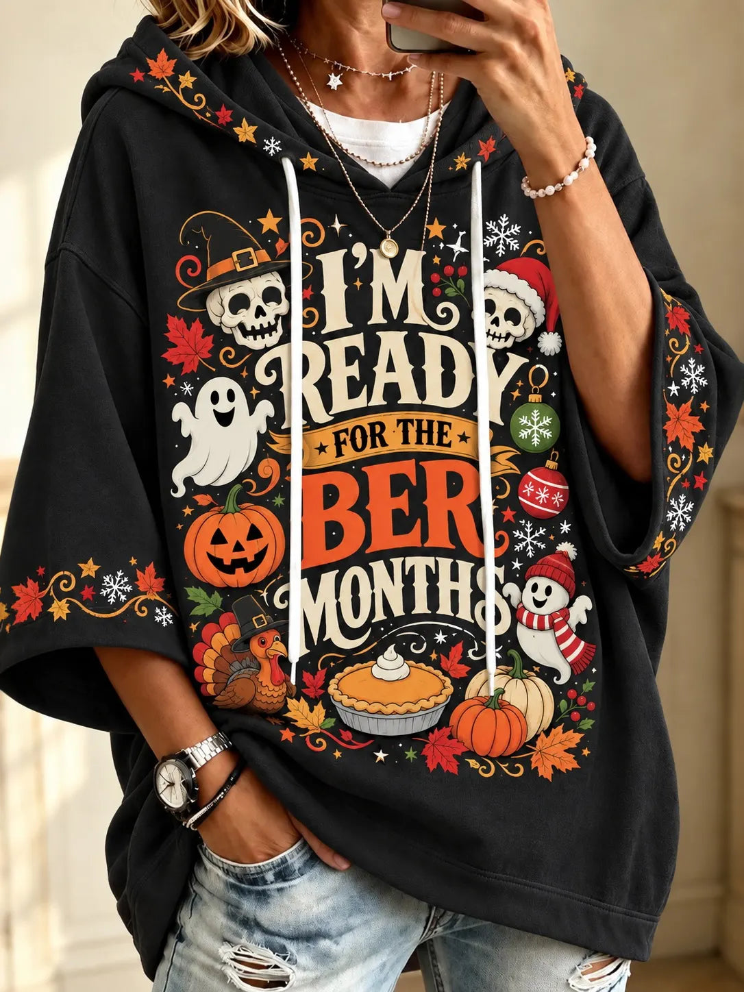 Women's Vintage I'm Ready For The 'ber Months Print Half Sleeve Casual Hoodie