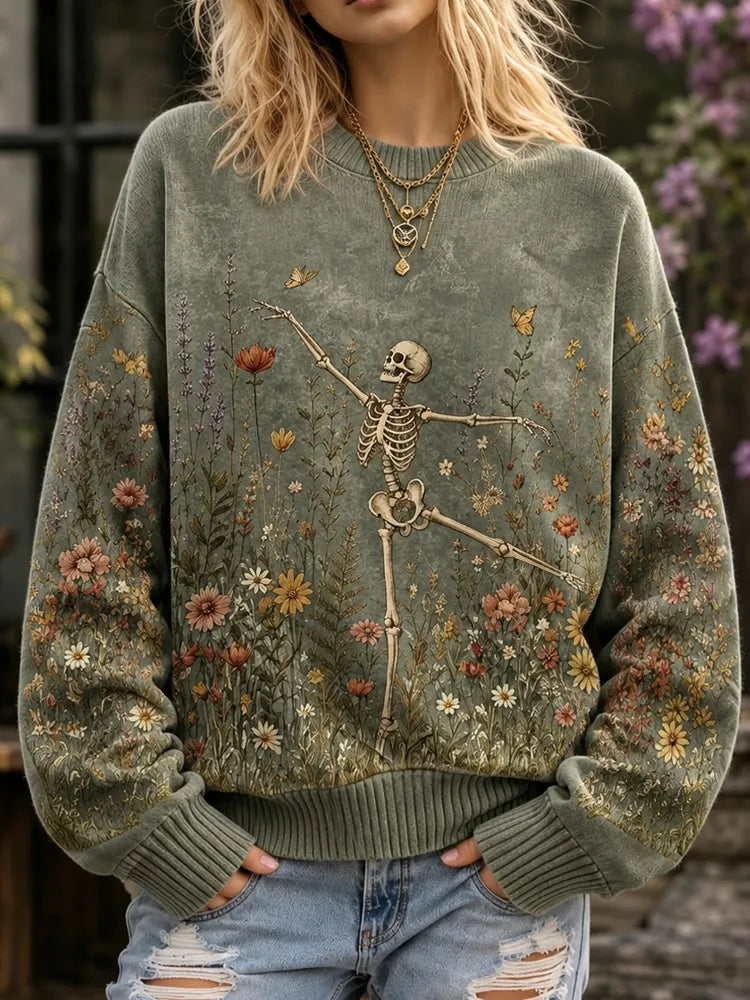 Women's Halloween Skeleton Dancing In The Flower Field Printed Sweater