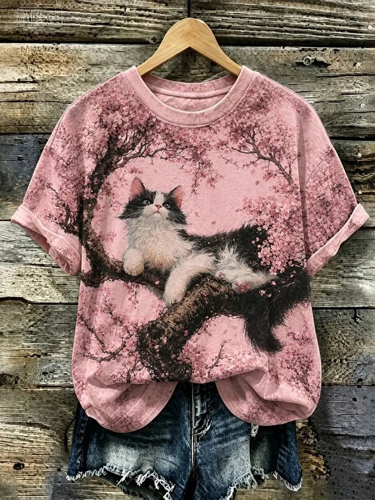 Women's Bohemian Japanese Cherry Blossom And Cat Print T-shirt