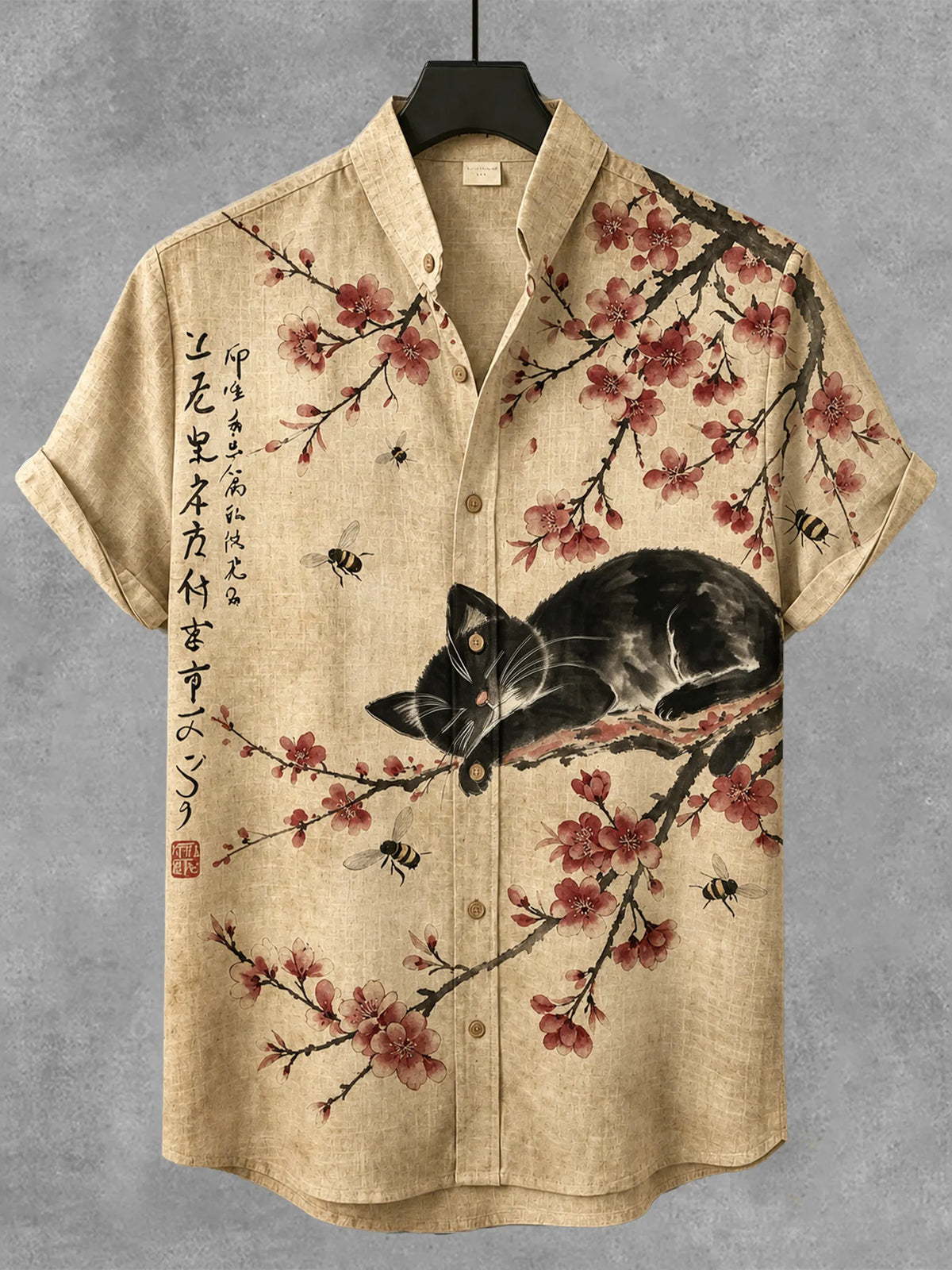 Men's Vintage Lazy Cat Sleeps In Cherry Blossom Pattern Linen Blend Casual Shirt