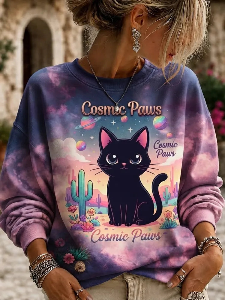 Women's Casual Tie-dye Crewneck Sweatshirt In Purple And Pink With Cosmic Black Cat, Planets, And Cactus Print