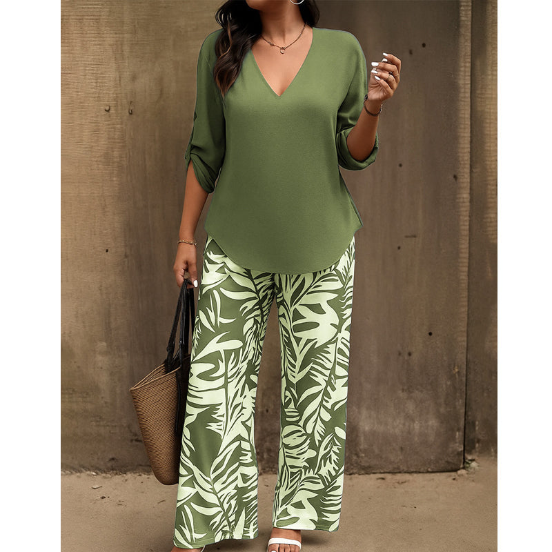🔥LAST DAY 49% OFF - Women's V-Neck Blouse & Printed Wide-Leg Pants Set
