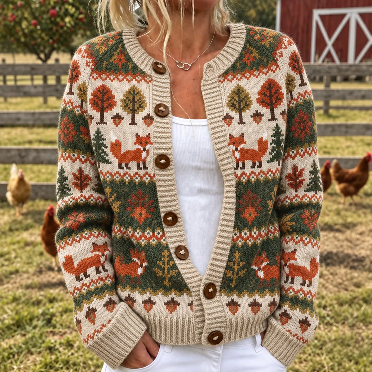 Women's Vintage Farm Fox Pattern Cozy Knit Cardigan