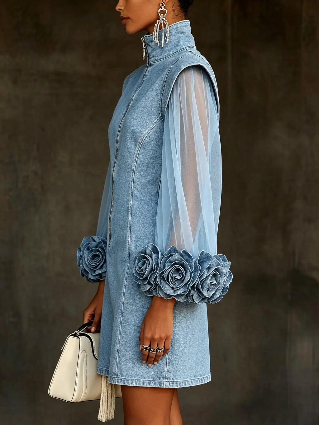 Romantic 3d Floral Denim Mesh Sleeve Zip-up Dress