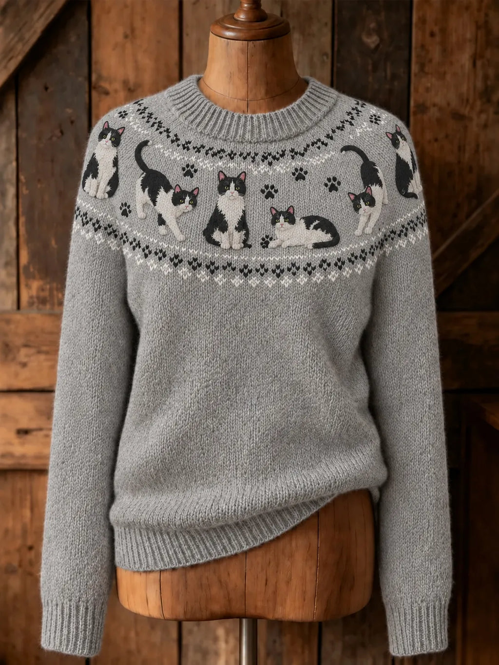 Women's Retro-style Cute Black Cat Jacquard Knit Cozy Sweater