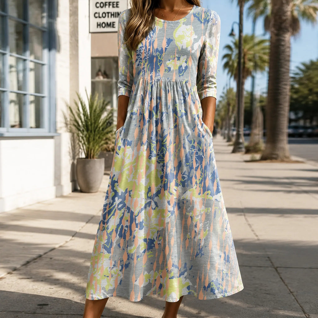 Women's Retro Bohemian Pastel Camouflage Abstract Watercolor Print Loose Long Dress
