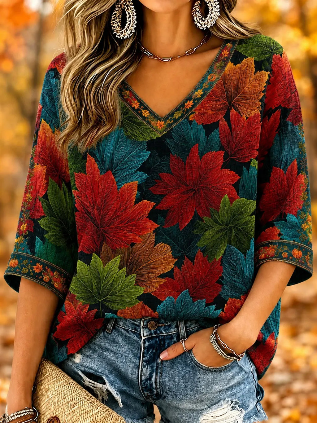Women's Vintage Boho Fall Maple Leaf Print Art Flowy Linen Blend V‐neck 3/4 Sleeve Top