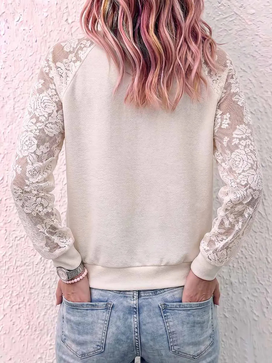 Women's Solid Color Stand Collar Long Sleeve Casual Loose Lace-trimmed Cardigan