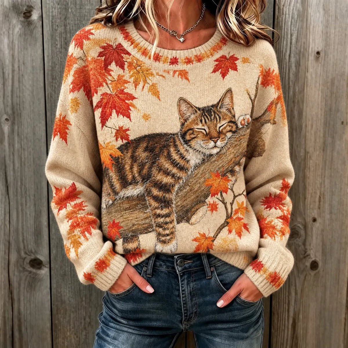 Women's Cute Cat And Maple Leaf Jacquard Knit Sweater
