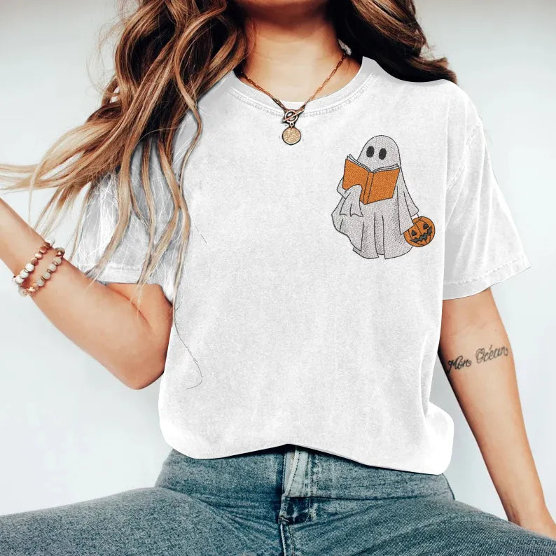 Ghost Reading Book Embroidery Fall Printed Art Women's T-Shirt