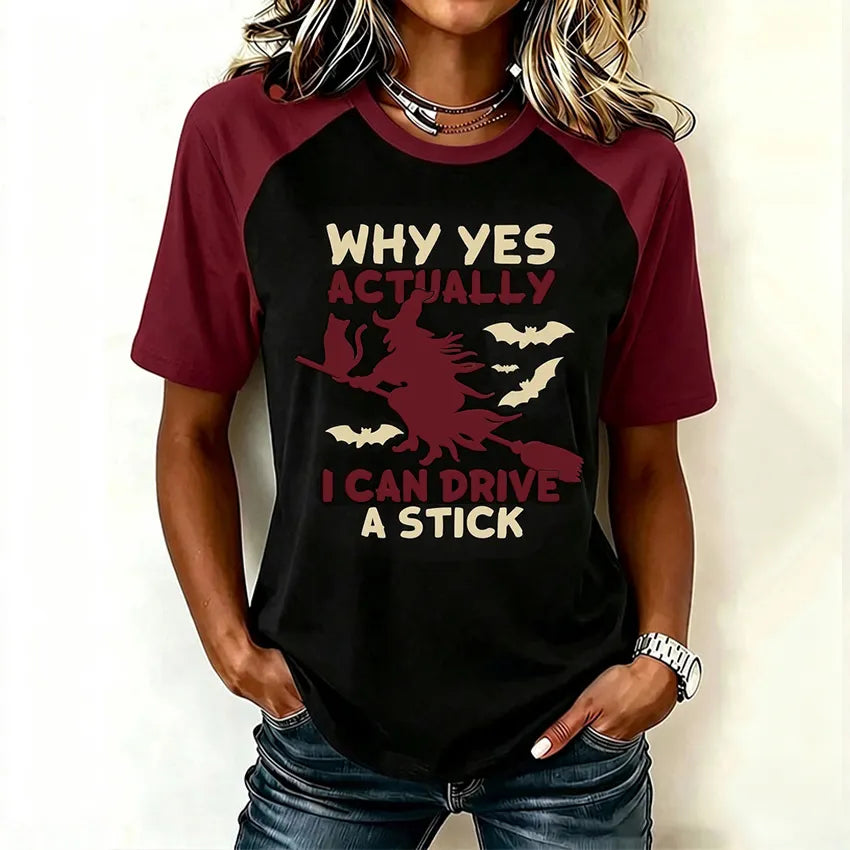 Women's Retro Halloween Theme Pattern I Can Drive A Stick Print Short-sleeve T-shirt