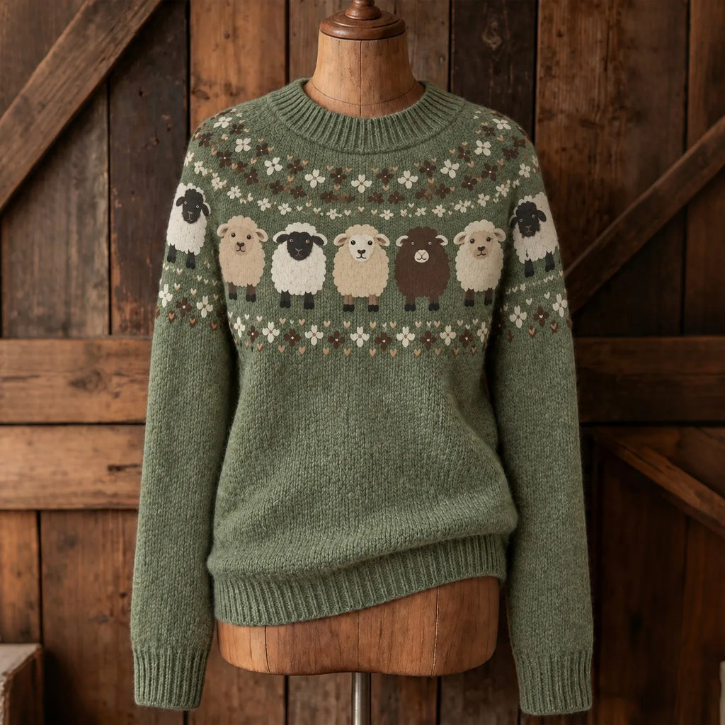 Women's Retro Farm Sheep Patterns Cozy Fair Isle Style Knit Sweater