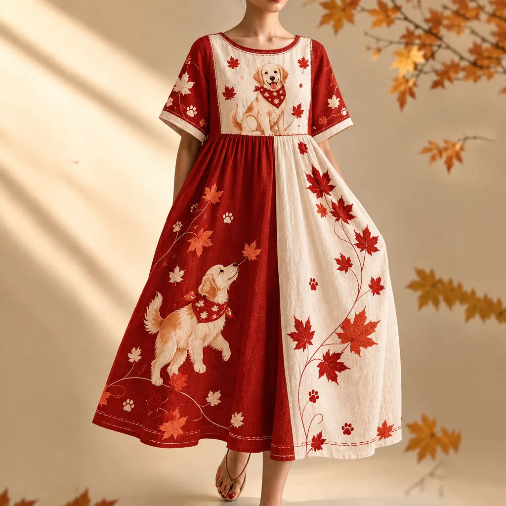 Women's Maple Leaf Dog Color Block Print Round Neck Short Sleeve Dress