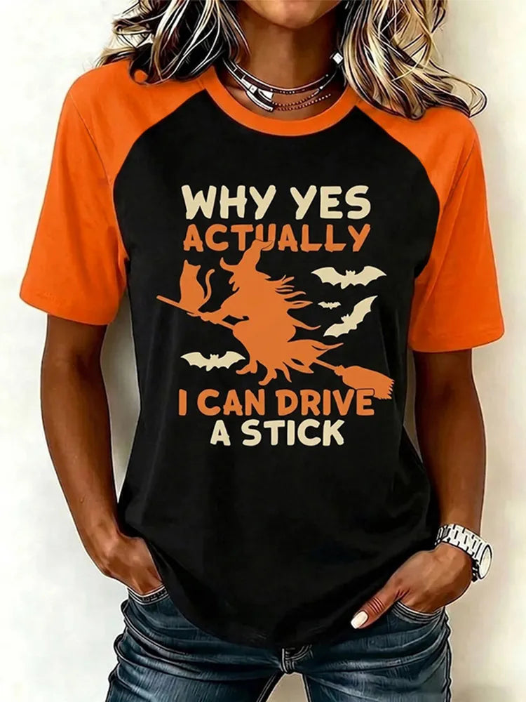 Women's Retro Halloween Theme Pattern I Can Drive A Stick Print Short-sleeve T-shirt