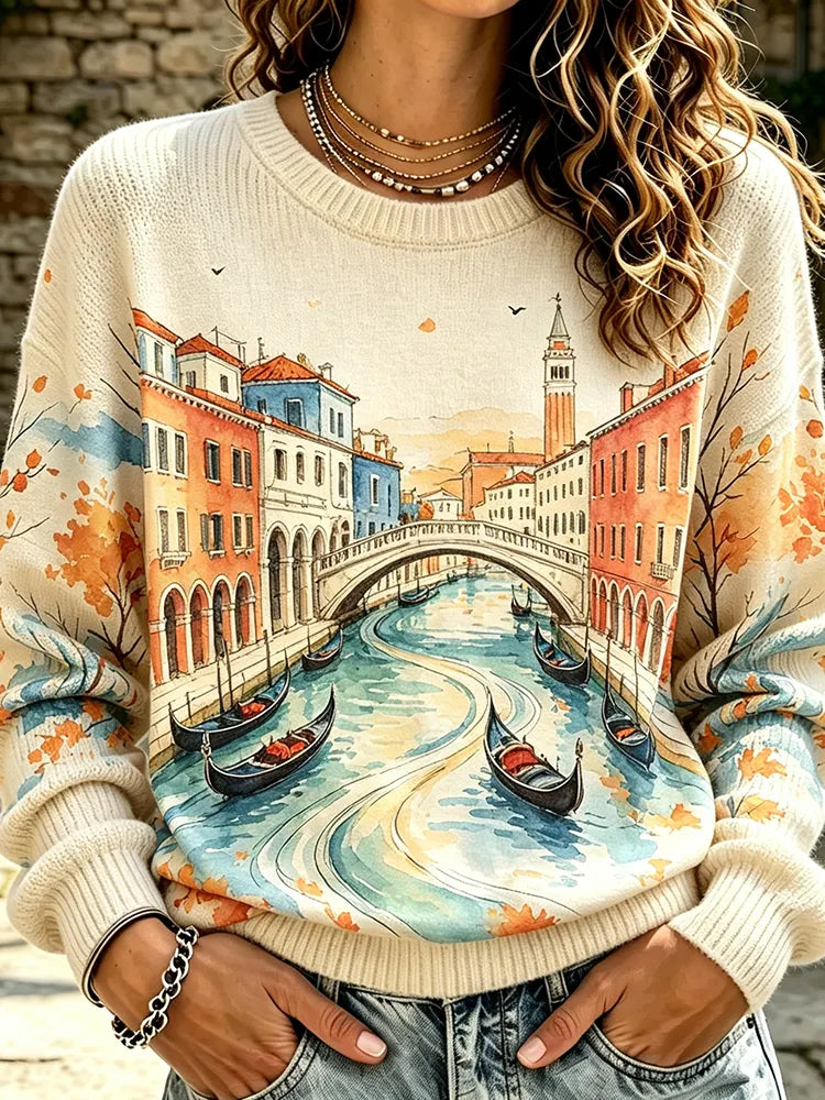 Women's Venice Canal Graphic Knit Sweater - Gondola Boats & Italian Bridge Print