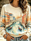 Women's Venice Canal Graphic Knit Sweater - Gondola Boats & Italian Bridge Print