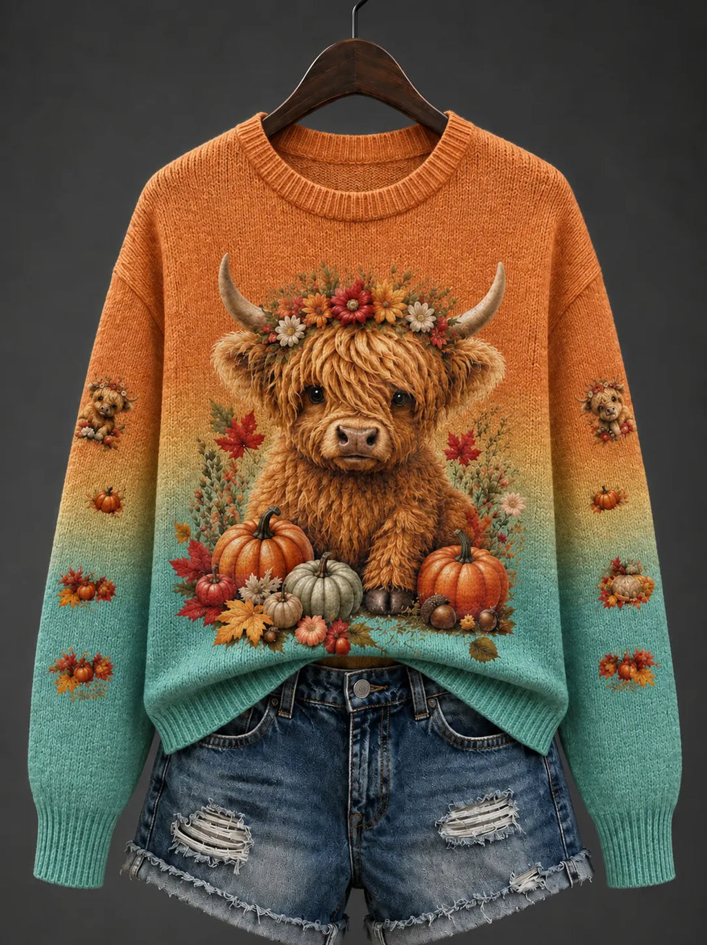 Women's Autumn Highland Cattle Pumpkin Gradient Pattern  Print Crew Neck Long-sleeve Knit Sweatshirt