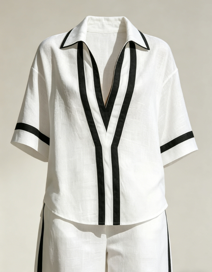 Stylish Trimmed Edge Color-blocked Cotton Linen Two-piece Set