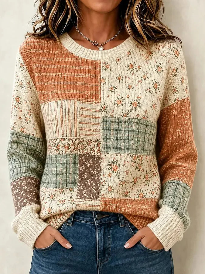 Women's Vintage Autumn Floral Print Knit Sweater