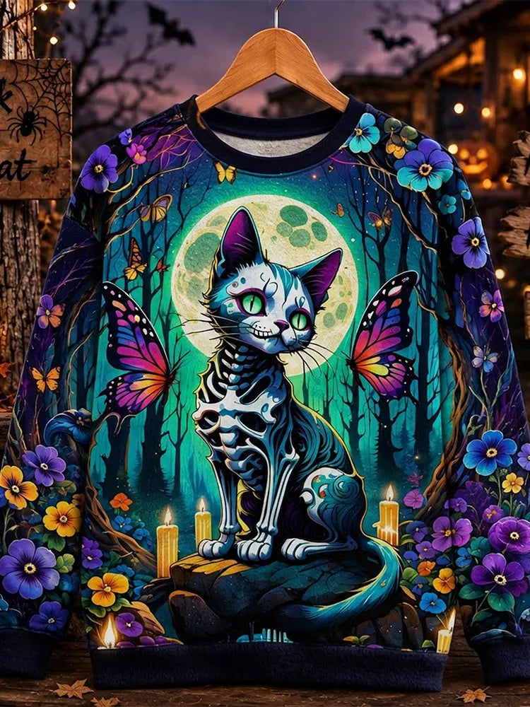Retro Halloween Skull Black Cat Crew Neck Sweatshirt