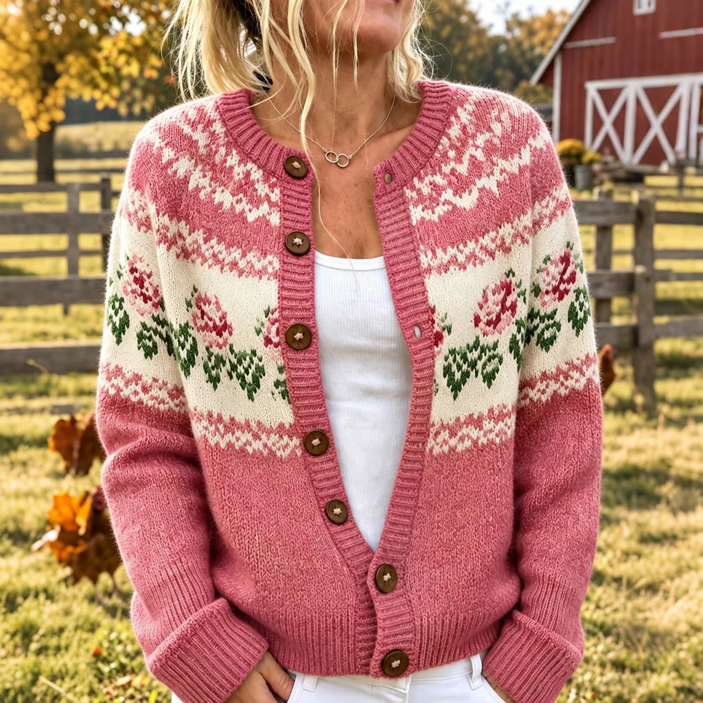 Women's Retro Rose Floral Pattern Art Casual Knit Cardigan