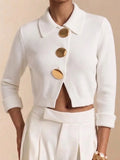 Large Metal‑button Collared Cropped Knit Cardigan
