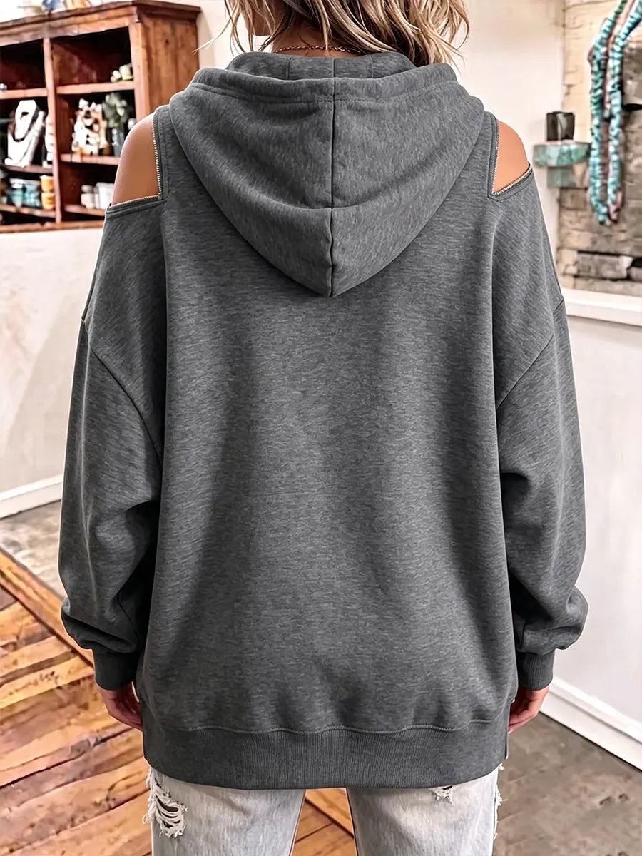 Edgy Zipper Cutout Cold-Shoulder Hoodie