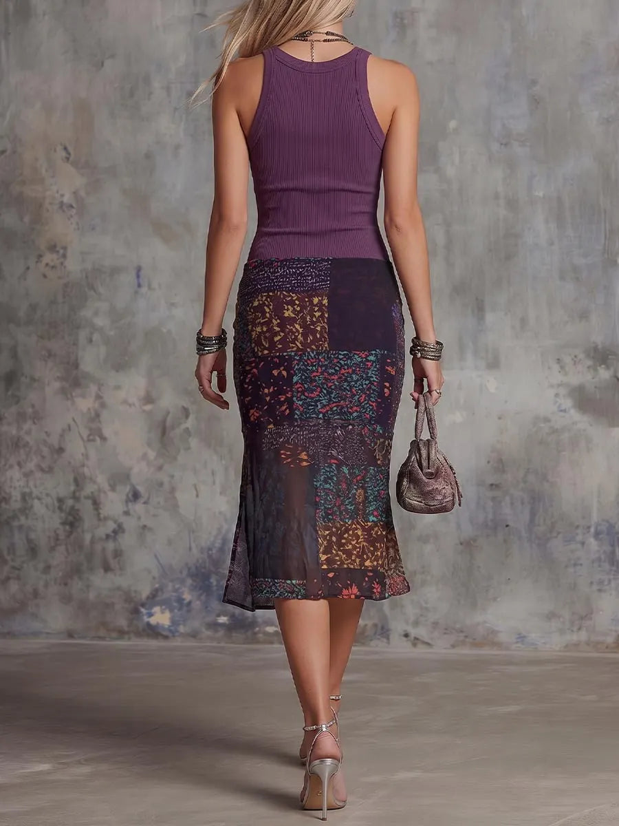 Women's Round Neck Sleeveless Camisole Dress With Knitted Patchwork Retro Print