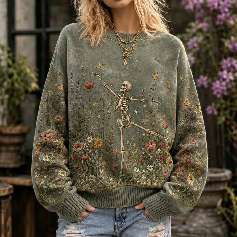 Women's Halloween Skeleton Dancing In The Flower Field Printed Sweater
