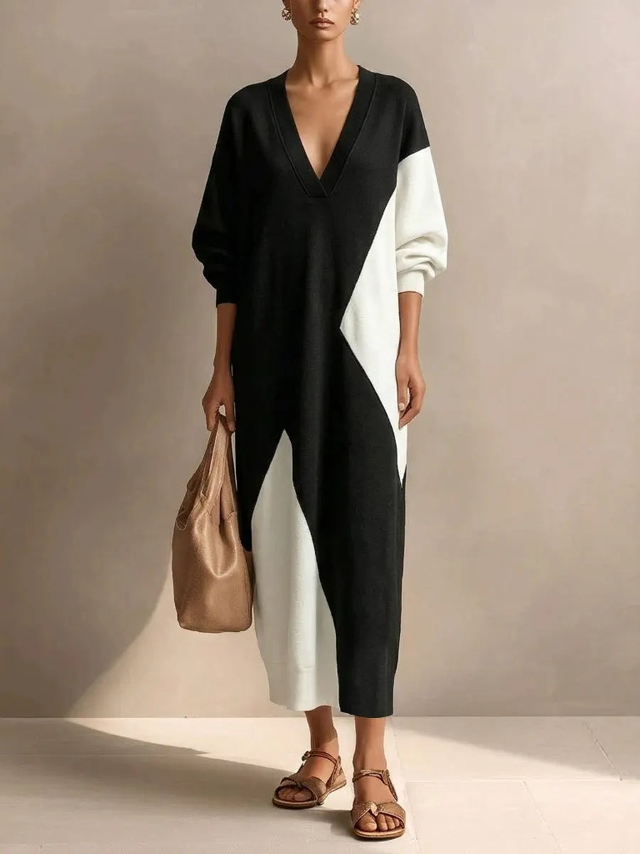 Casual Black And White Color-block Cotton Dress