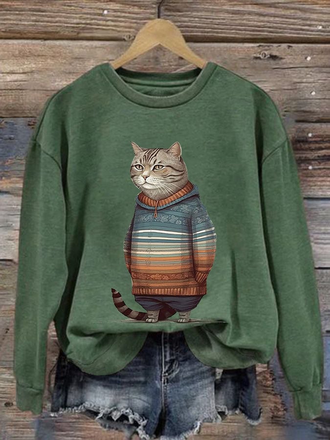 Women's Winter Cat Print Crew Neck Sweatshirt