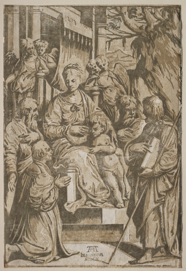 The Virgin and Child with Saints and a Donor after a drawing by Girolamo da Treviso by Andrea Andreani (Italian, about 1558–1610) - Classic Art canvas print