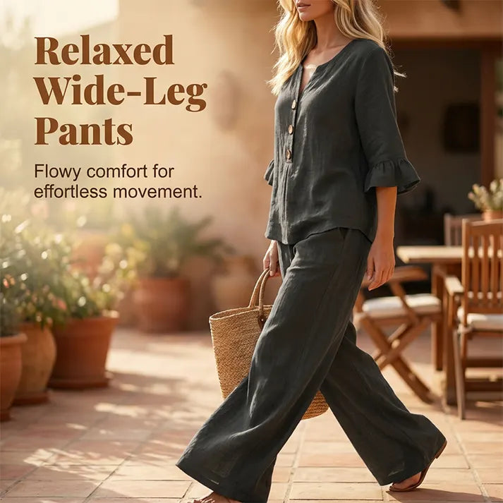 👚👖 Women's Set with Ruffled Top and Wide-Leg Trousers – Elegant & Comfortable ✨