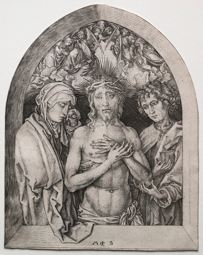 Christ as the Man of Sorrows between the Virgin and St. John by Martin Schongauer (German, c. 1450–1491) - Classic Art canvas print