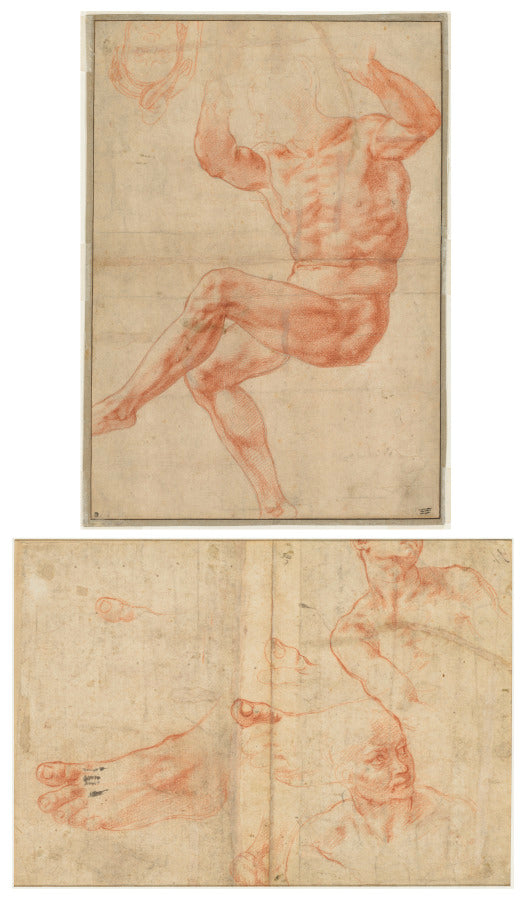 Study for the Nude Youth over the Prophet Daniel recto Figure Studies for the Sistine Ceiling verso by Michelangelo Buonarroti (Italian, 1475–1564) - Classic Art canvas print