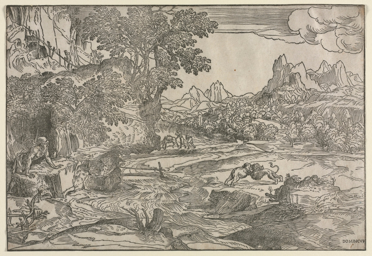 Landscape with Saint Jerome and Two Lions by Domenico Campagnola (Italian, 1500–1564) - Classic Art canvas print