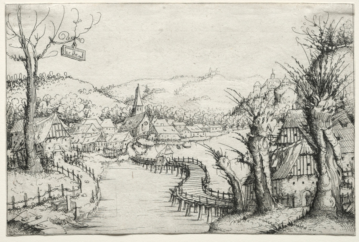 River Landscape with Three Bare Willow Trees at Right and a Long Winding Wooden Bridge at Center Leading to a Village by Augustin Hirschvogel (German, 1503–1553) - Classic Art canvas print