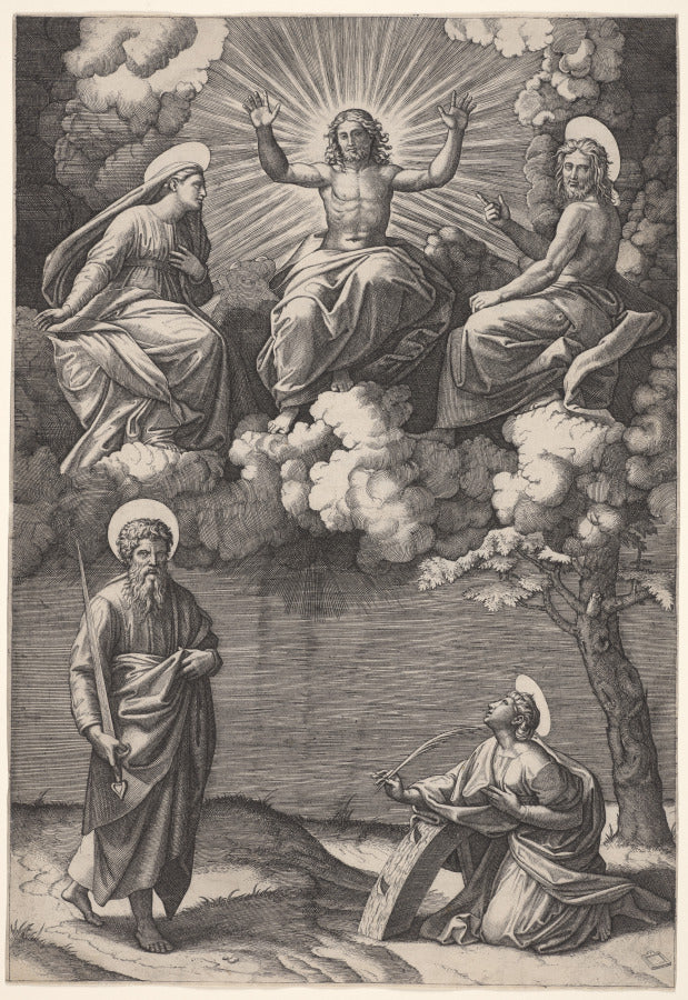 Christ, the Virgin, and St. John the Baptist with Saints Paul and Catherine by Marcantonio Raimondi (Italian, 1470/82–1527/34) - Classic Painting canvas print