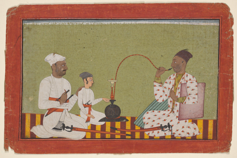 Posthumous portrait of Raja Chhatar Singh of Chamba smoking a hookah with his brother and son by  - Classic Art canvas print